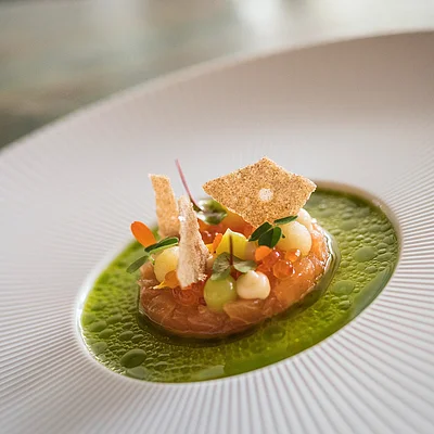 Fein angerichteter Teller mit grünem Öl, rohem Fisch, Saucen, Kräutern und knusprigen Chips.