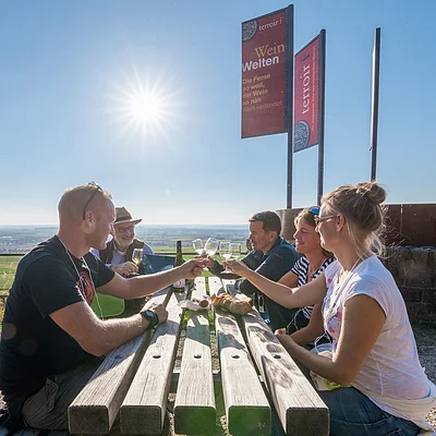Fünf Personen sitzen an einem Holztisch im Freien und stoßen mit Weingläsern an, Sonne und Weinberg im Hintergrund.