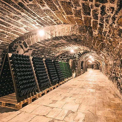 Weinkeller mit steinernen Wänden und Decken, Flaschen in Holzgestellen auf Paletten gelagert.
