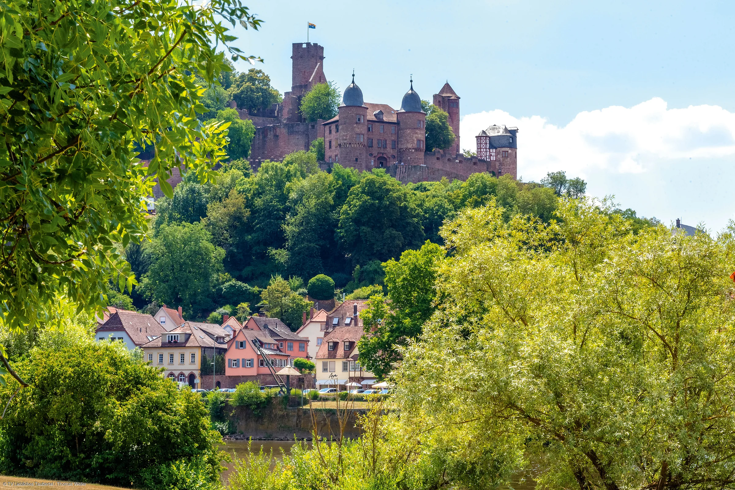 Burg auf bewaldetem Hügel mit Fachwerkhäusern und Fluss im Vordergrund bei klarem Himmel.