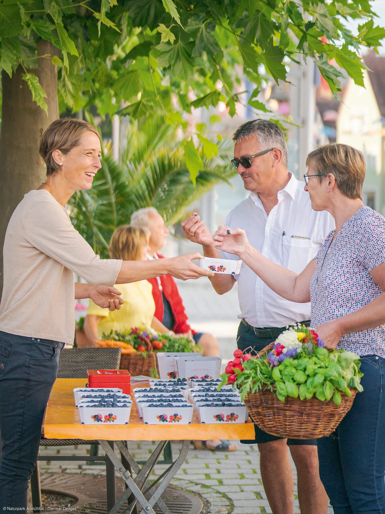 Frau verkauft Heidelbeeren an Mann und Frau mit Korb voller Gemüse an Marktstand im Freien.