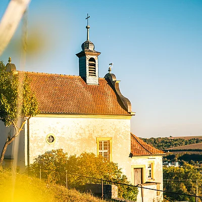 Kirche mit rotem Ziegeldach auf einem Hügel bei klarem Himmel, im Vordergrund unscharfe gelbe Blüten