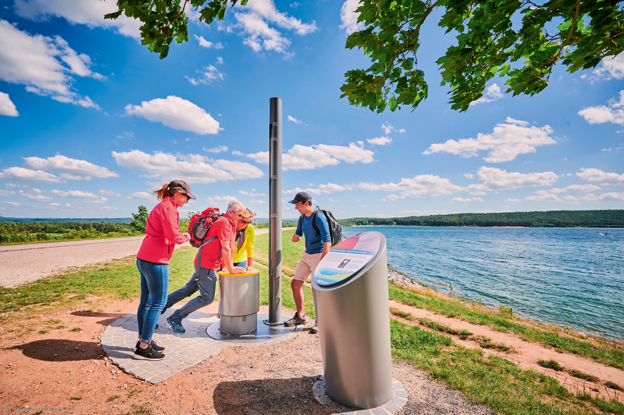 Vier Personen stehen an einer Informationssäule an einem Seeufer unter blauem Himmel mit Wolken.