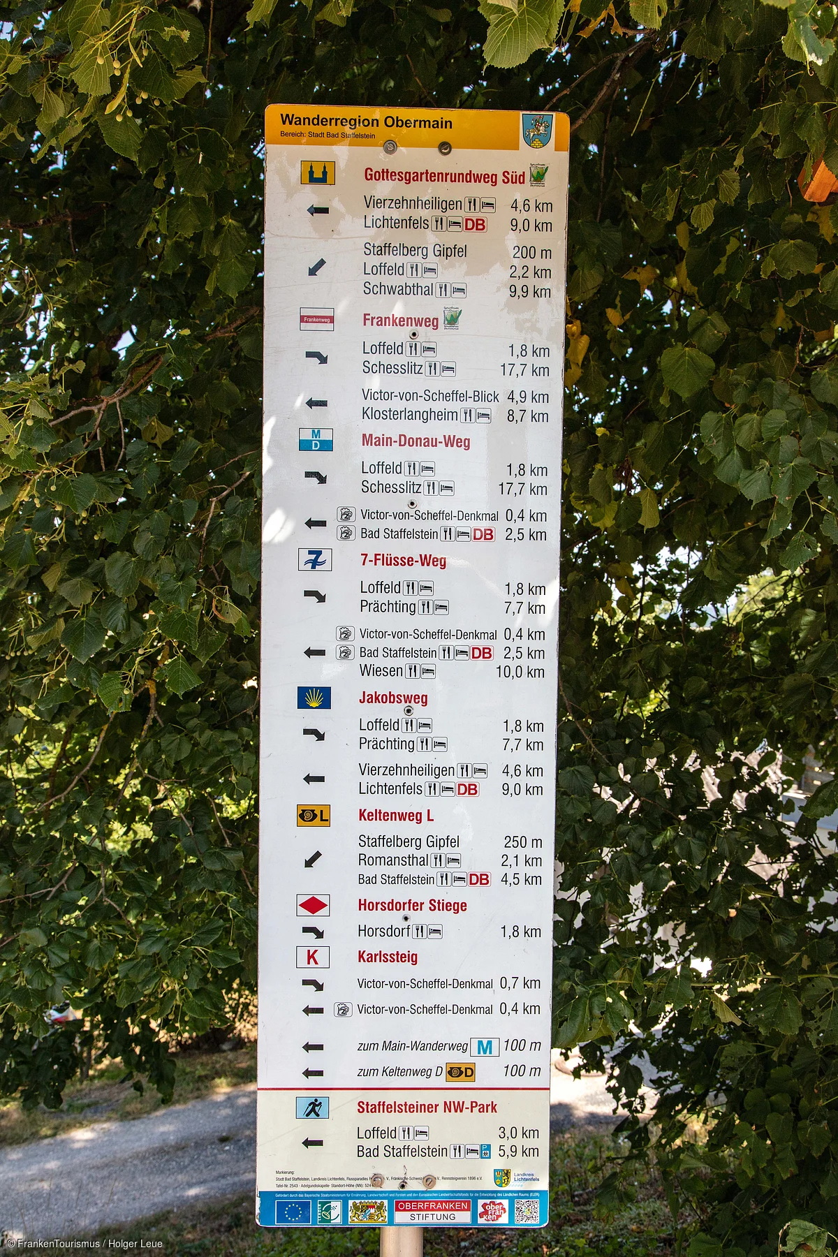 Wegweiser mit Wanderwegen und Entfernungen in der Wanderregion Obermain bei Bad Staffelstein.