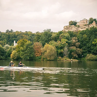 Zwei Ruderer in einem Ruderboot auf einem Fluss vor bewaldetem Ufer mit Ruine auf einem Felsen im Hintergrund.