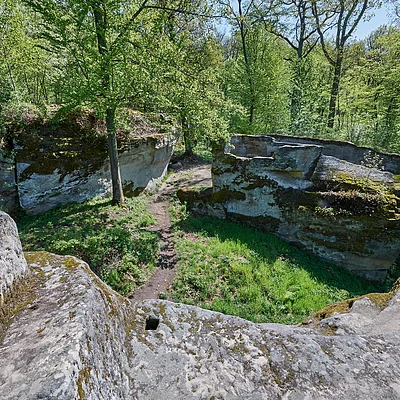Blick von Felsen mit Treppen auf bewachsene Felsen und Wald mit Weg im Frühling.