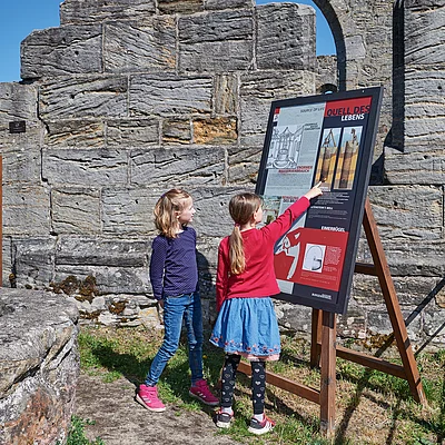 Zwei Mädchen lesen eine Informationstafel vor einer alten Steinmauer bei Sonnenschein.