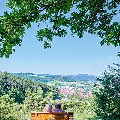 Paar sitzt auf Holzbänken mit Blick auf eine Stadt, umgeben von Bäumen und Wiesen unter blauem Himmel.