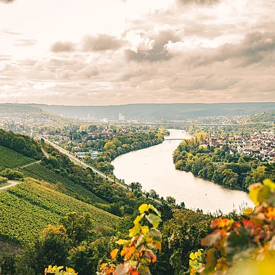 Fluss fließt durch grüne Hügellandschaft mit Weinbergen und Ortschaft unter bewölktem Himmel.