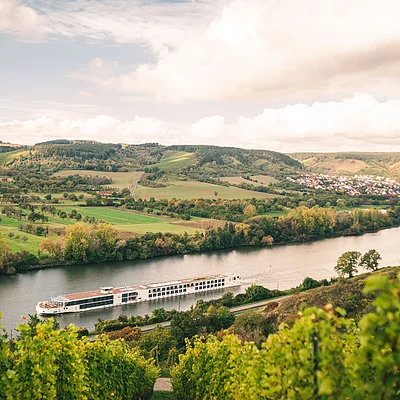 Fluss mit Fahrgastschiff, umgeben von grünen Feldern, Hügeln und einem Dorf im Hintergrund bei bewölktem Himmel.