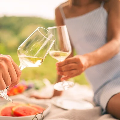 Zwei Personen stoßen mit Weingläsern bei einem Picknick mit Wassermelone im Freien an.