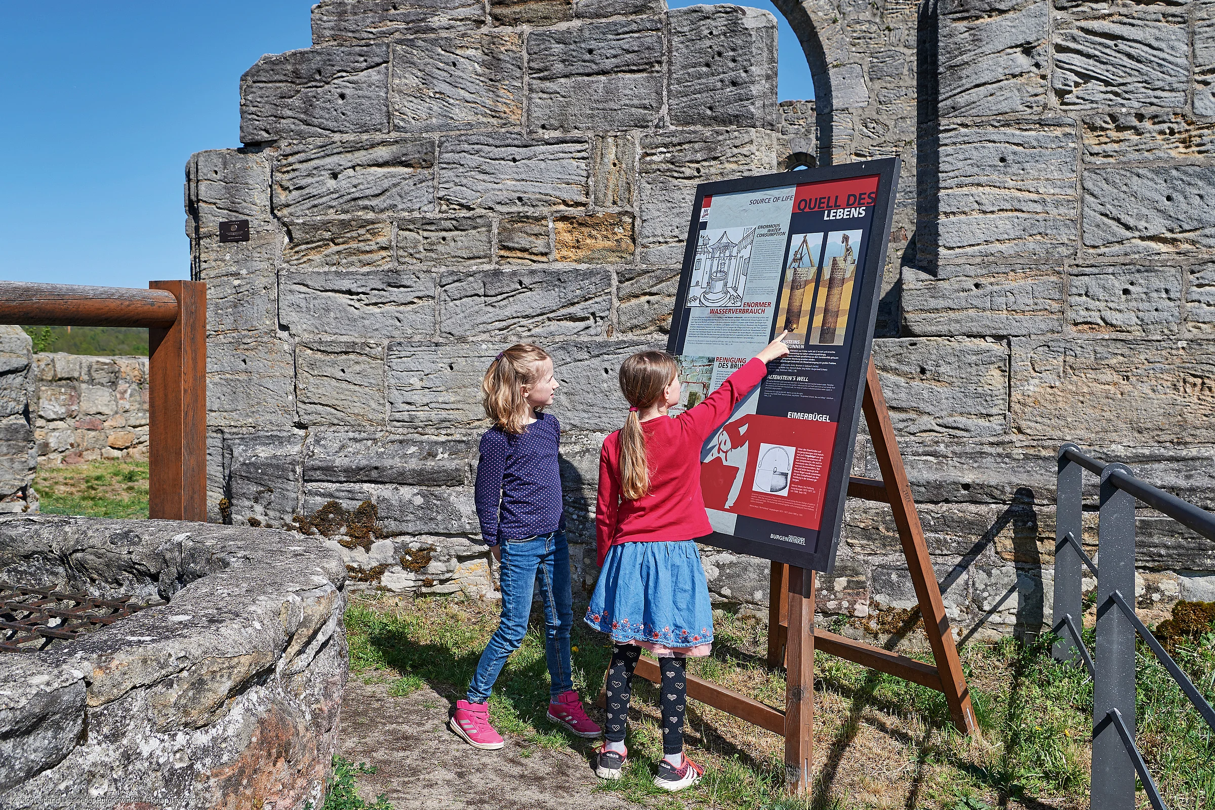 Zwei Mädchen lesen eine Informationstafel vor einer alten Steinmauer bei Sonnenschein.