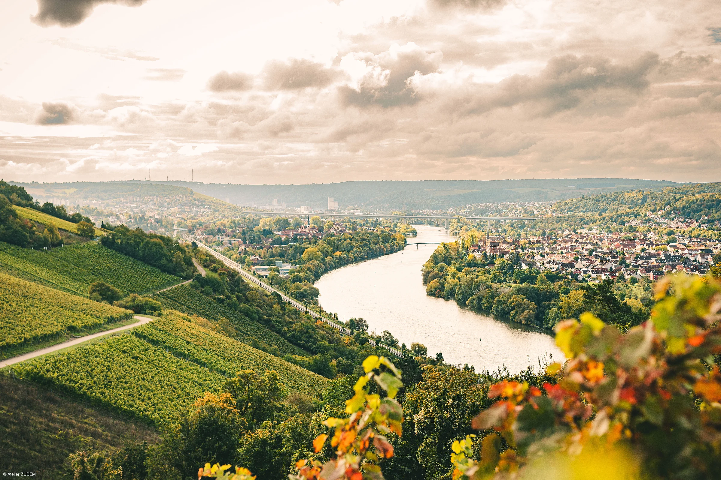 Fluss fließt durch grüne Hügellandschaft mit Weinbergen und Ortschaft unter bewölktem Himmel.