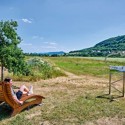 Frau sitzt auf Holzliege unter Baum auf Wiese, im Hintergrund Hügel mit Burg und Ort bei klarem Himmel.