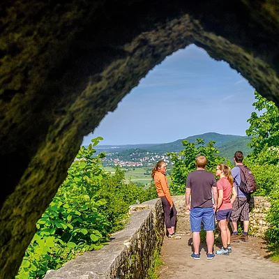 Vier Personen stehen auf einem Weg mit Steinmauer, umgeben von grünen Bäumen, Blick auf Landschaft und Berge.