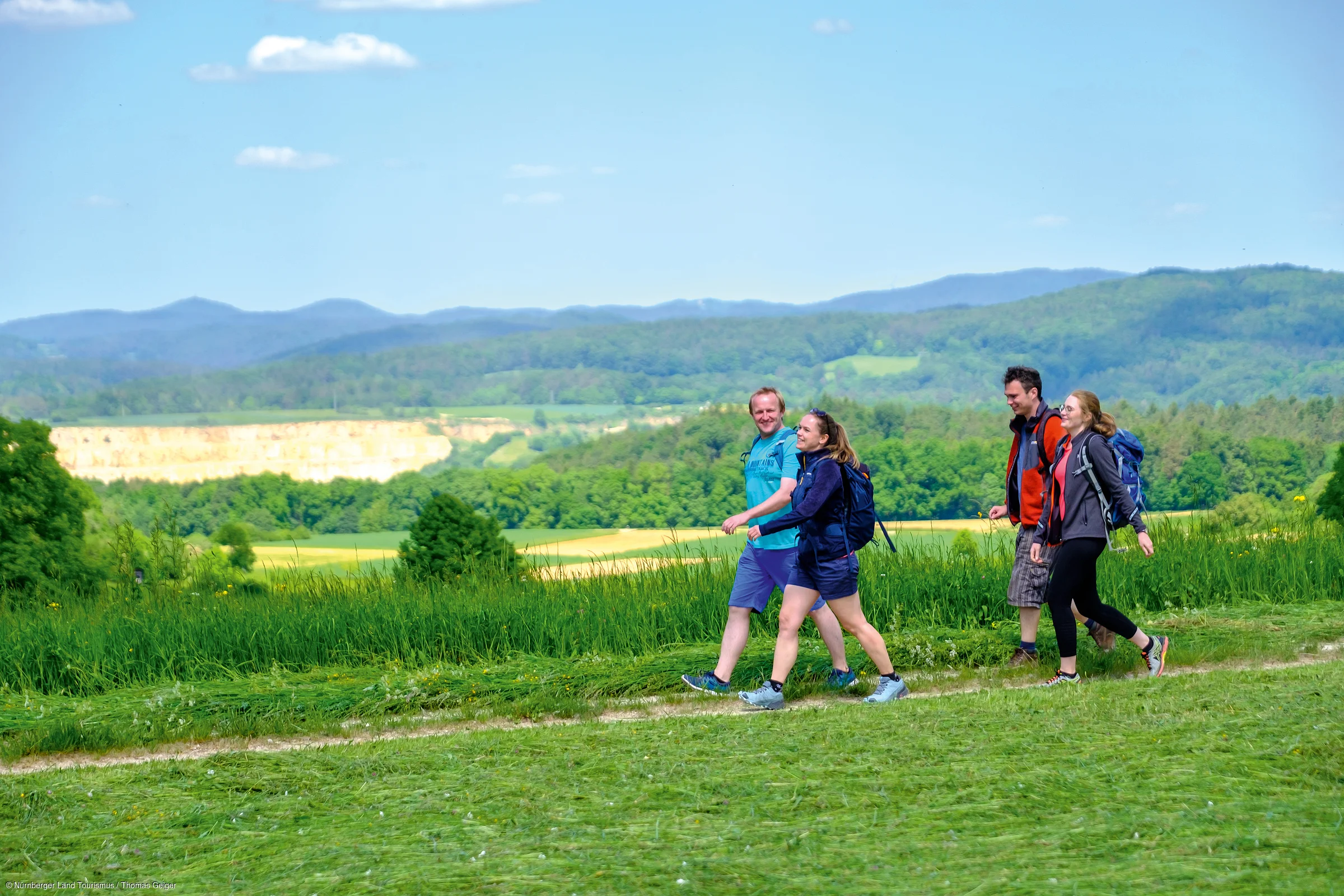 Vier Personen wandern auf einem Pfad in grüner Landschaft mit Bergen im Hintergrund bei klarem Himmel.