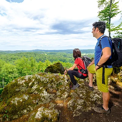 Zwei Wanderer mit Rucksäcken auf Felsen blicken auf bewaldete Landschaft unter bewölktem Himmel.