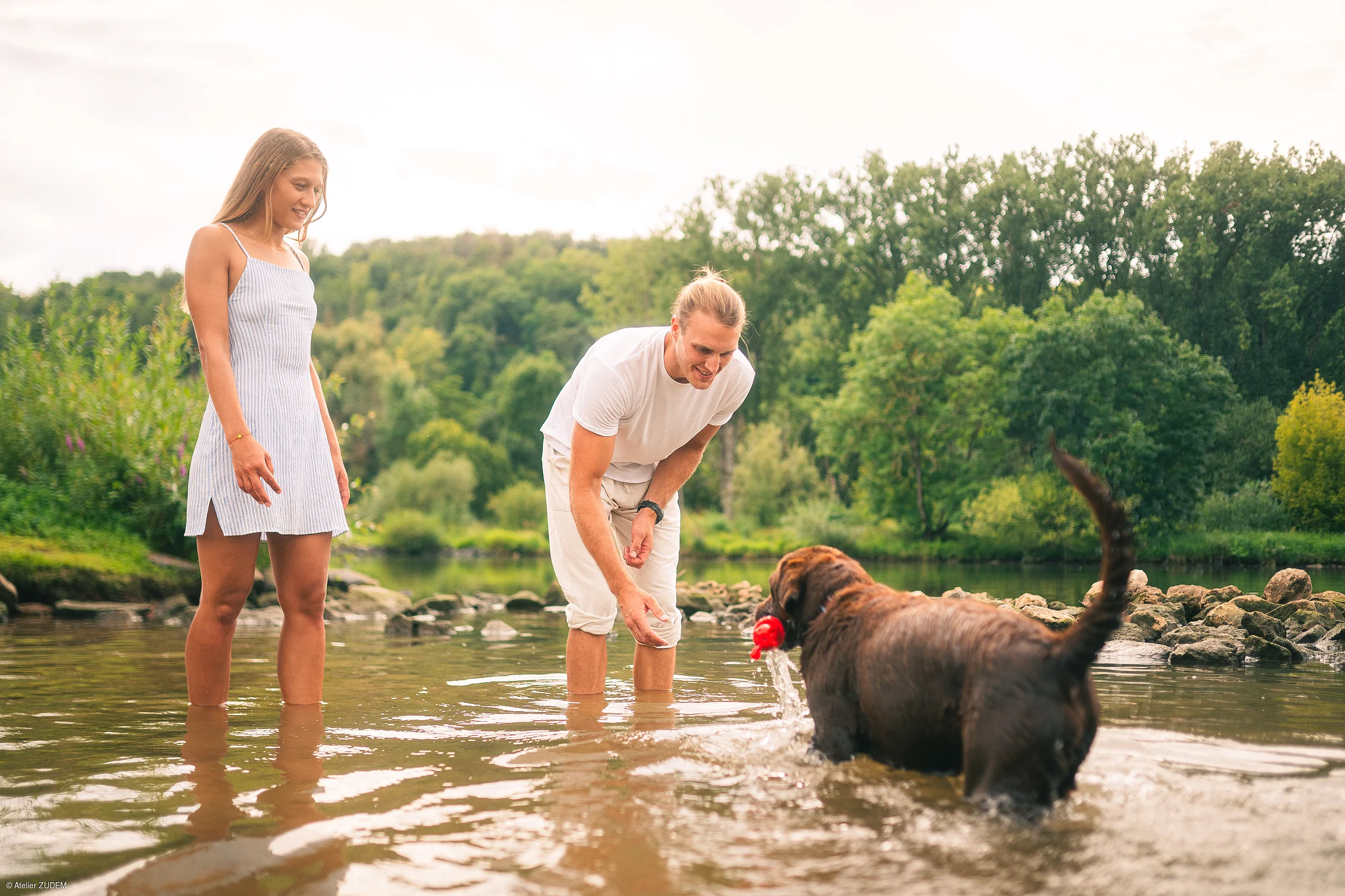 Mann und Frau stehen im Wasser eines Sees, Mann wirft Spielzeug für Hund ins Wasser.