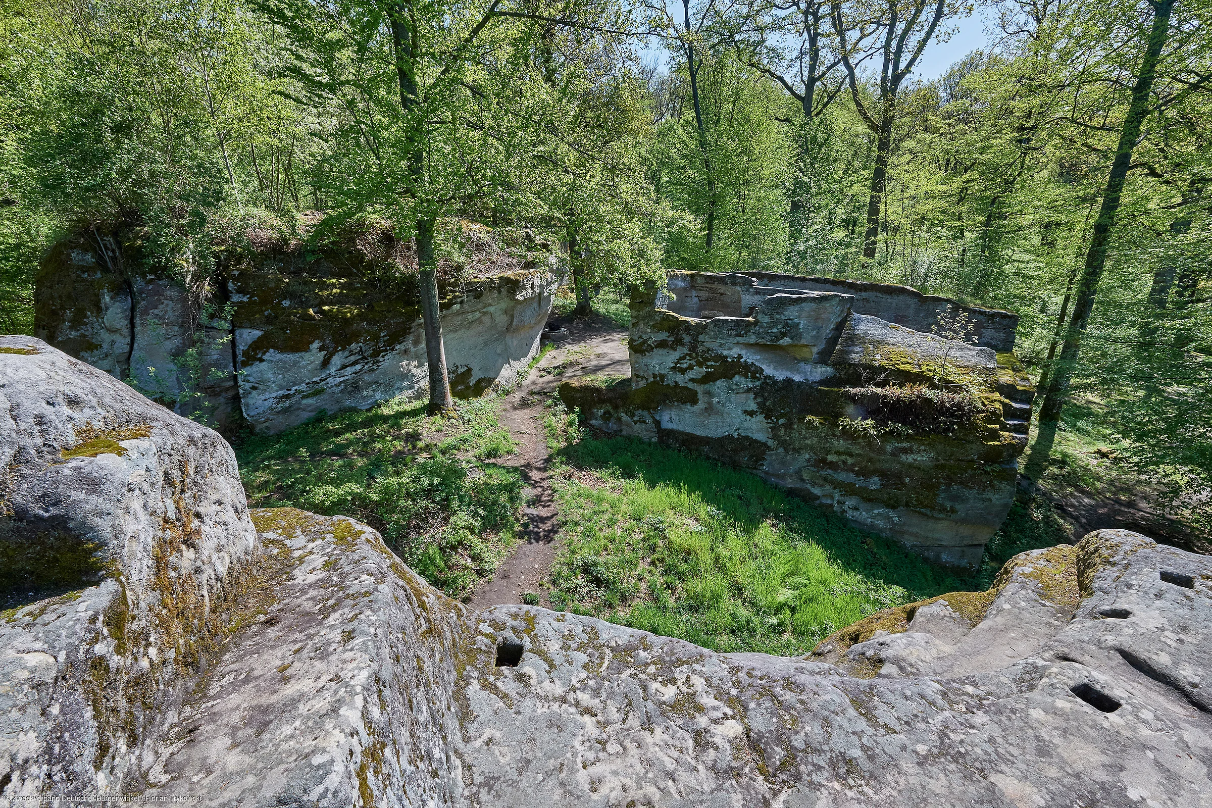 Blick von Felsen mit Treppen auf bewachsene Felsen und Wald mit Weg im Frühling.