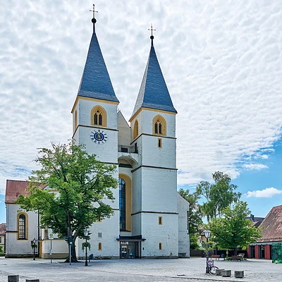 Kirche mit zwei hohen Türmen, Uhr, Bäumen und umliegenden Gebäuden unter bewölktem Himmel.
