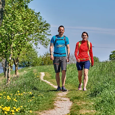 Zwei Personen wandern auf einem schmalen Weg zwischen grünen Wiesen und Bäumen bei klarem Himmel.