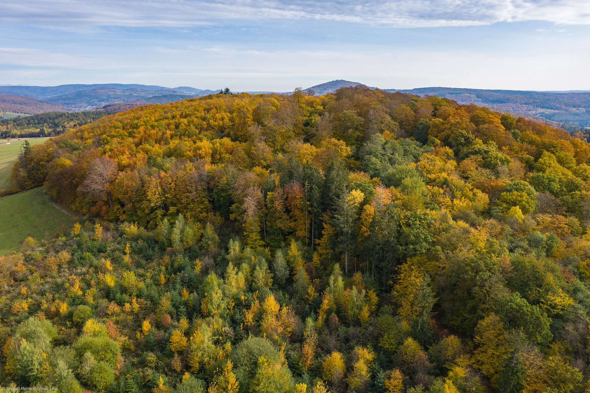 Luftaufnahme eines bewaldeten Hügels mit herbstlich gefärbtem Laub unter bewölktem Himmel.