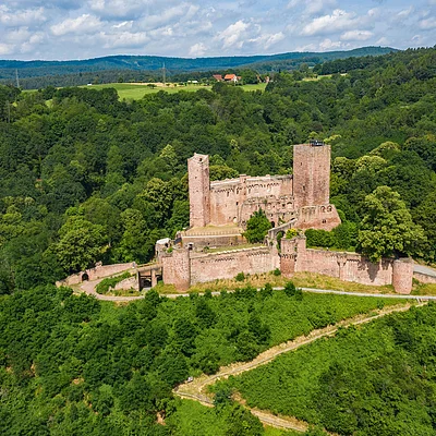 Luftaufnahme einer mittelalterlichen Burg auf einem bewaldeten Hügel mit umliegenden grünen Wäldern und Bergen im Hintergrund.