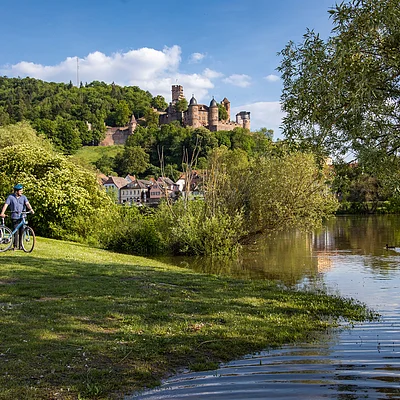 Zwei Personen mit Fahrrädern stehen auf einer Wiese neben einem Fluss, im Hintergrund ein bewaldeter Hügel mit einer Burg.