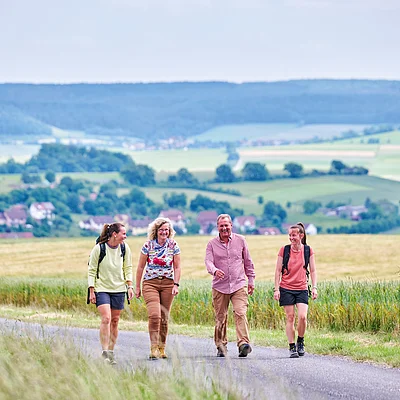 Vier Personen wandern auf einem Feldweg mit grünen Feldern und Hügeln im Hintergrund.