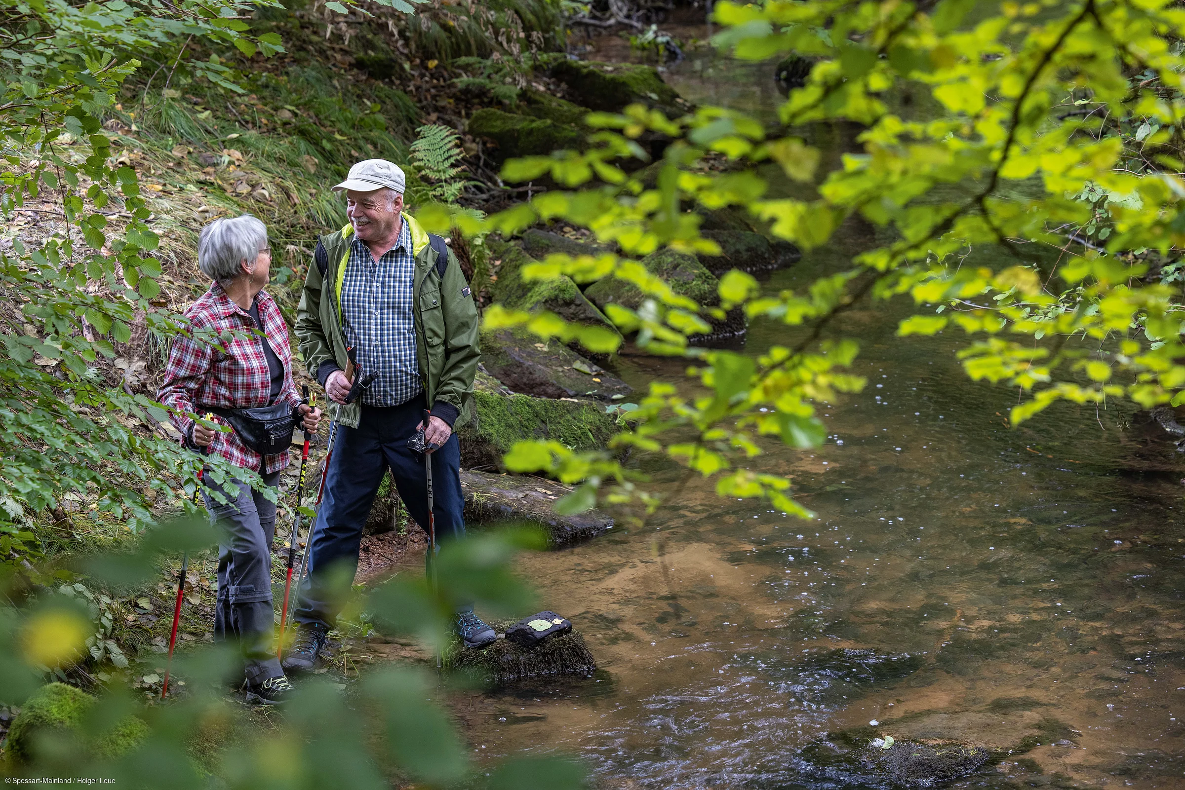 Älteres Paar mit Wanderstöcken steht am Waldrand neben einem Bach, umgeben von grünem Laub.