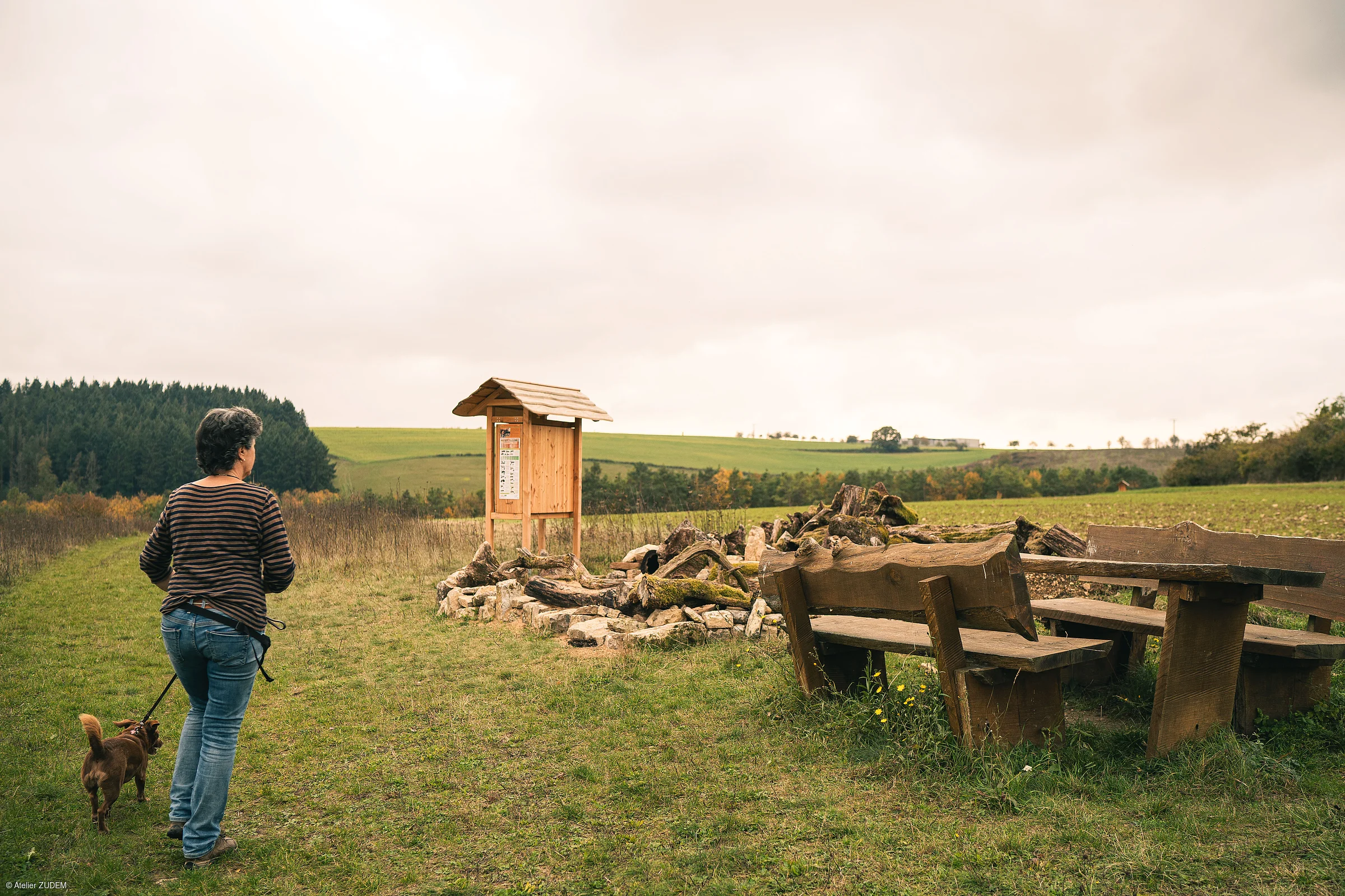 Frau mit Hund auf Wiese vor Holzbankgruppe und Infotafel in ländlicher Umgebung bei bewölktem Himmel.