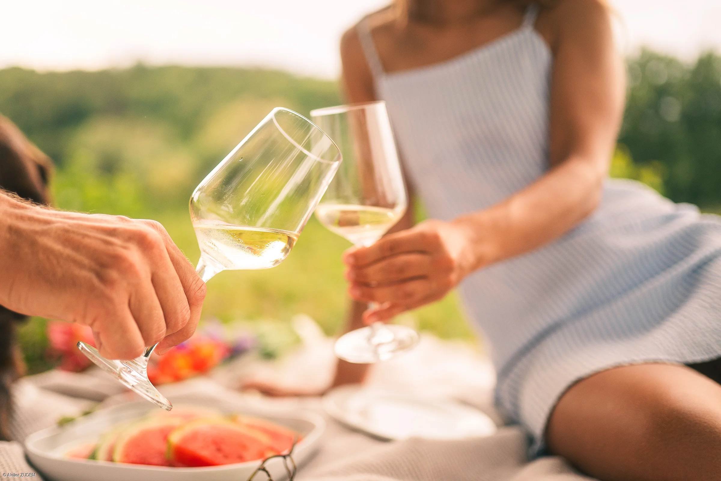 Zwei Personen stoßen mit Weingläsern bei einem Picknick mit Wassermelone im Freien an.