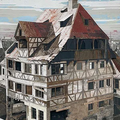 Ron van der Ende: Dürerhaus, 2024, Basrelief aus Holzresten