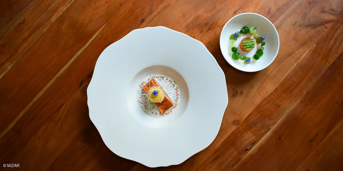 Zwei Teller mit kunstvoll angerichteten Speisen auf einem Holztisch, ein großer und ein kleiner Teller.