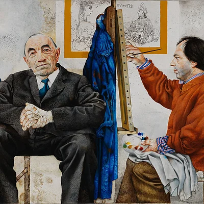 Michael Mathias Prechtl, Dr. Schwemmer wird gemalt (oder: Bildnis W. Schwemmer), 1972/73, Kunstharz auf Leinwand, 100 x 130 cm, Sammlung Kunstvilla