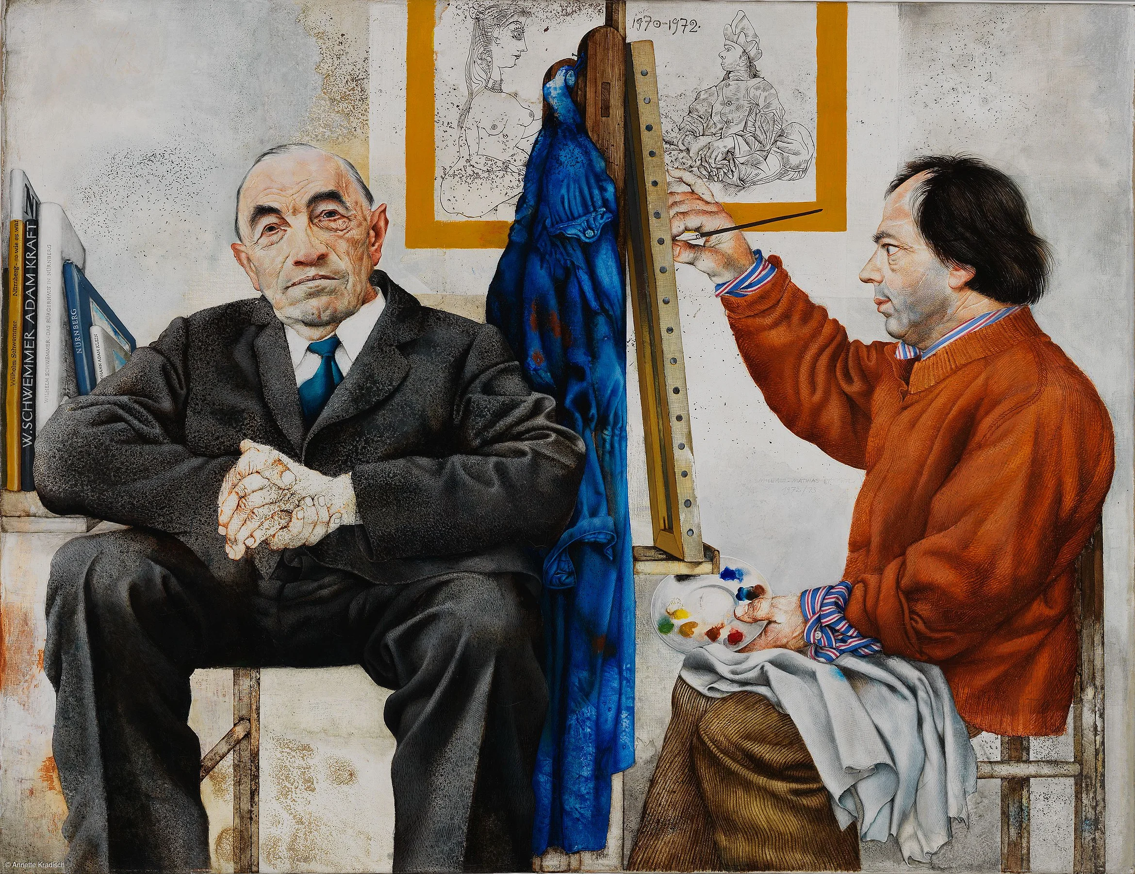 Michael Mathias Prechtl, Dr. Schwemmer wird gemalt (oder: Bildnis W. Schwemmer), 1972/73, Kunstharz auf Leinwand, 100 x 130 cm, Sammlung Kunstvilla