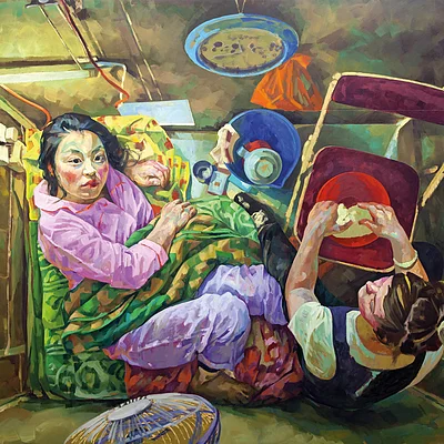 Xenia Hausner, Cage People, 2024, Öl auf Dibond, 260 × 350 cm