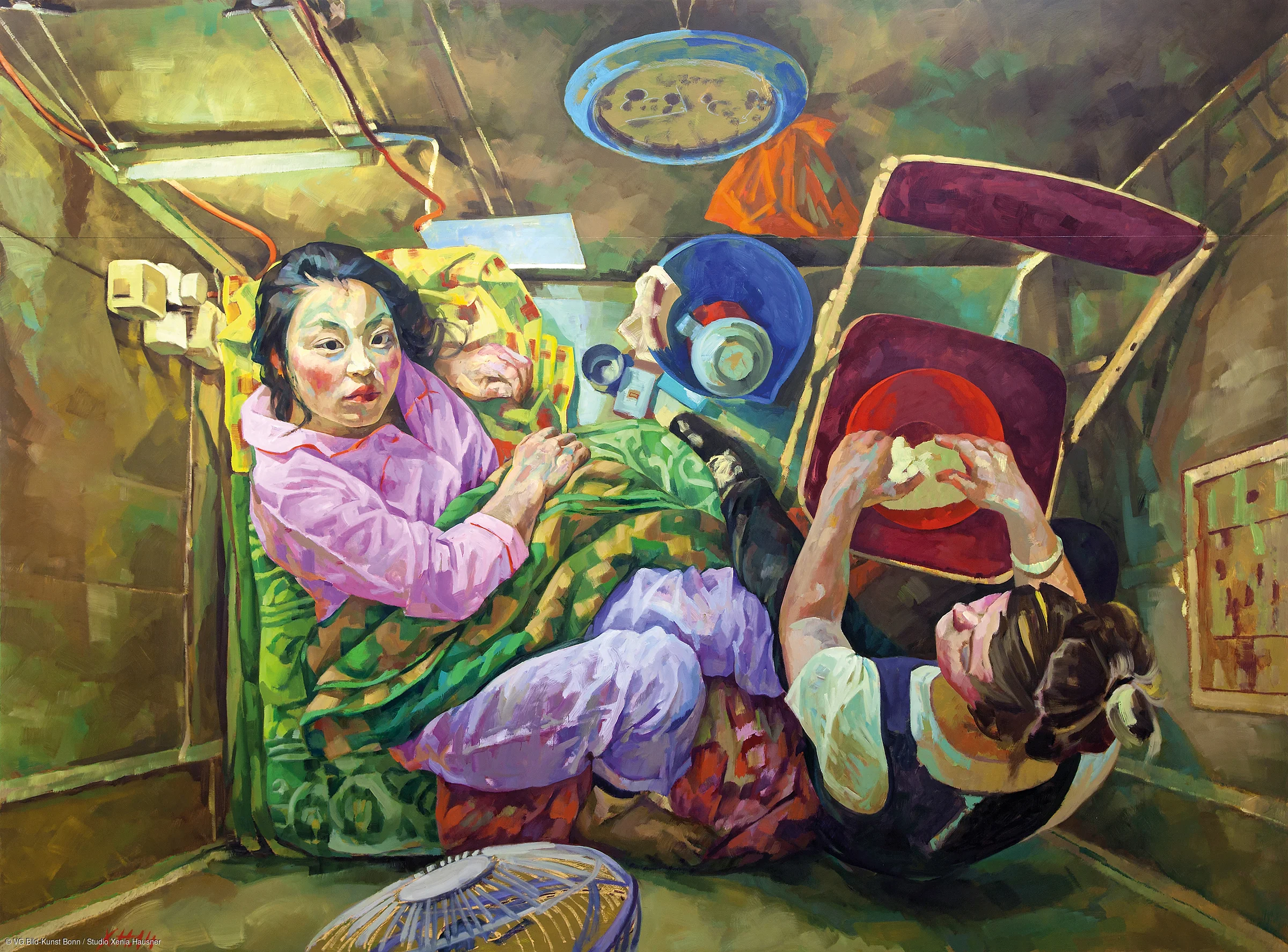 Xenia Hausner, Cage People, 2024, Öl auf Dibond, 260 × 350 cm